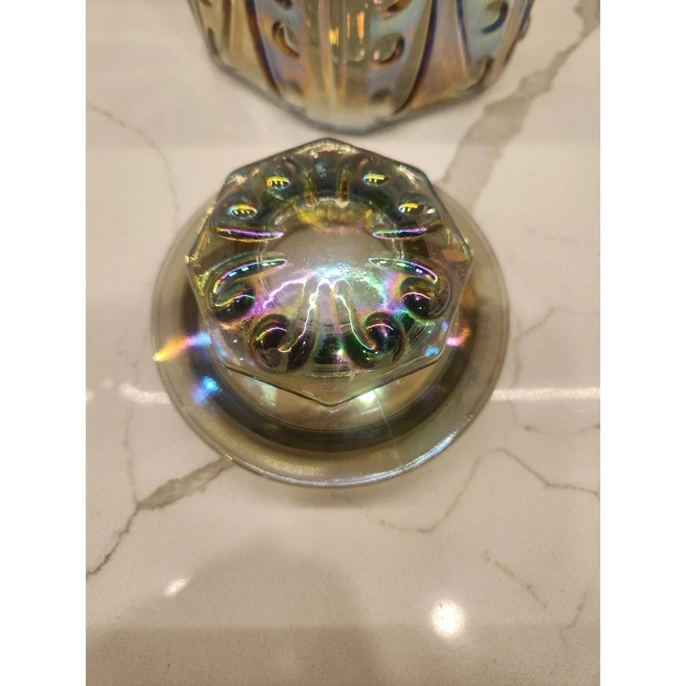 Vtg LE Smith Atterbury Scroll Canister Jar Iridescent Carnival Glass 9